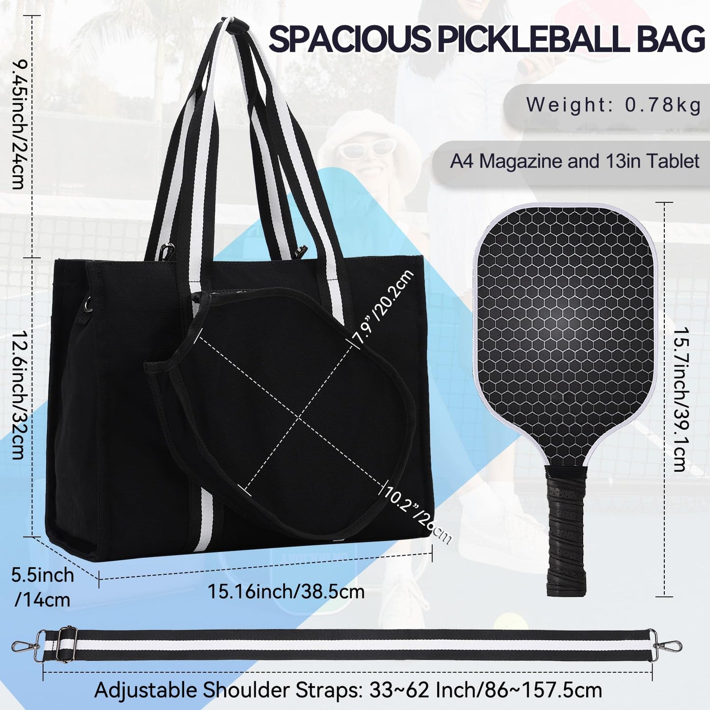 Sac de sport Femme pour pickleball. Multi-poches Fourre-Tout en Toile 15.6 Pouces avec Bandoulière Réglable et Amovible et emplacement pour raquette