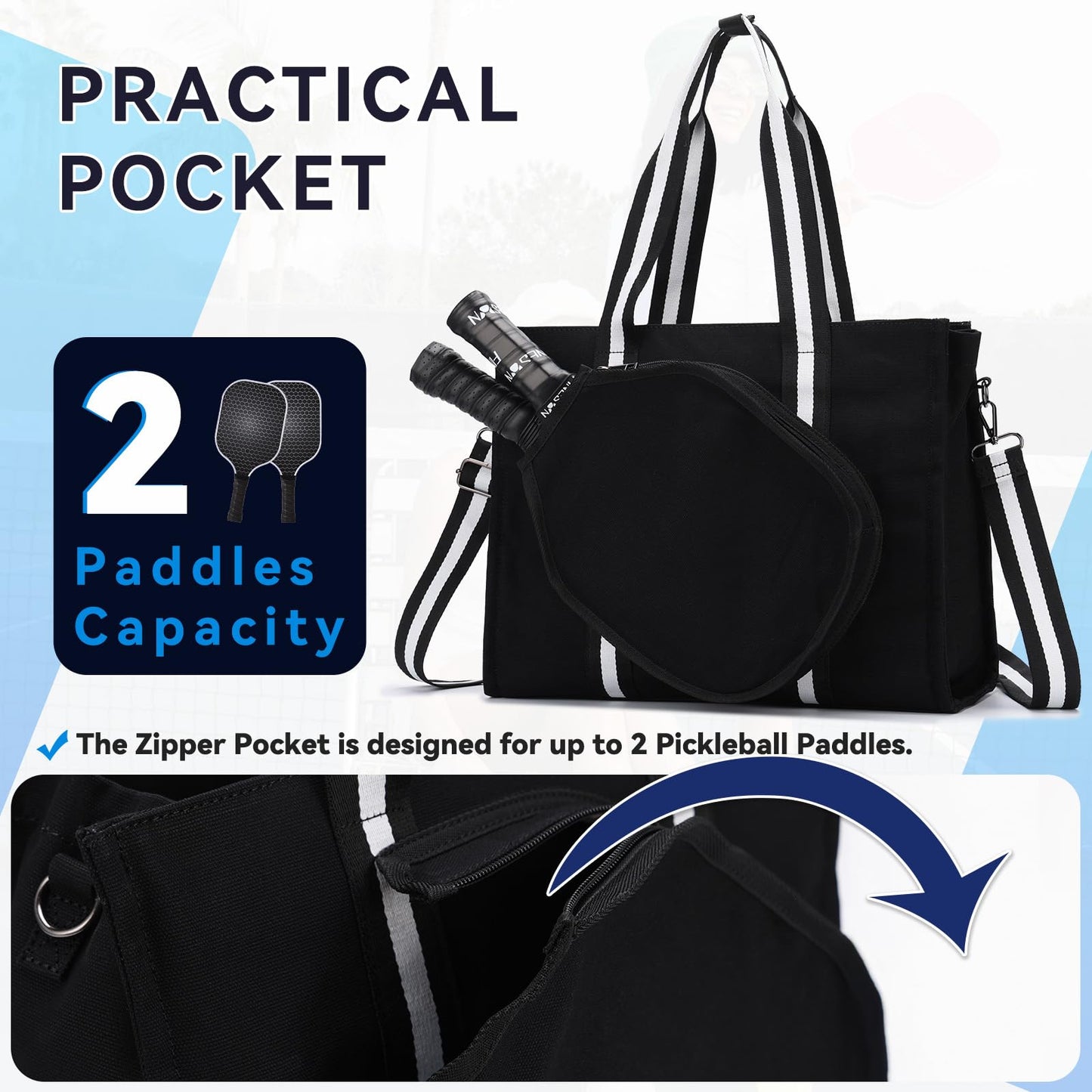 Sac de sport Femme pour pickleball. Multi-poches Fourre-Tout en Toile 15.6 Pouces avec Bandoulière Réglable et Amovible et emplacement pour raquette