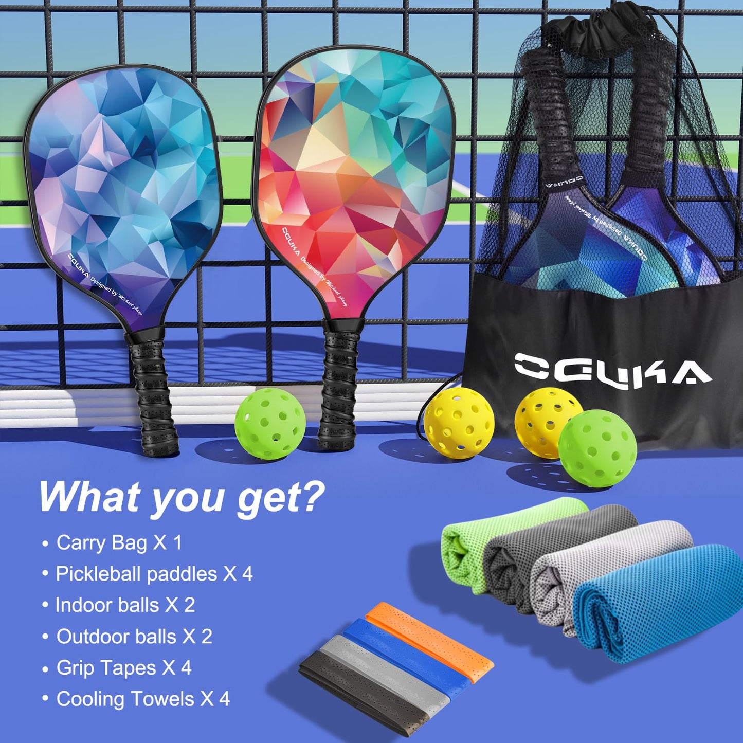 Lot de 4 Raquettes de Pickleball  Approuvées USAPA – Set Complet avec 4 Balles, 4 Serviettes de sport et Sac de Transport