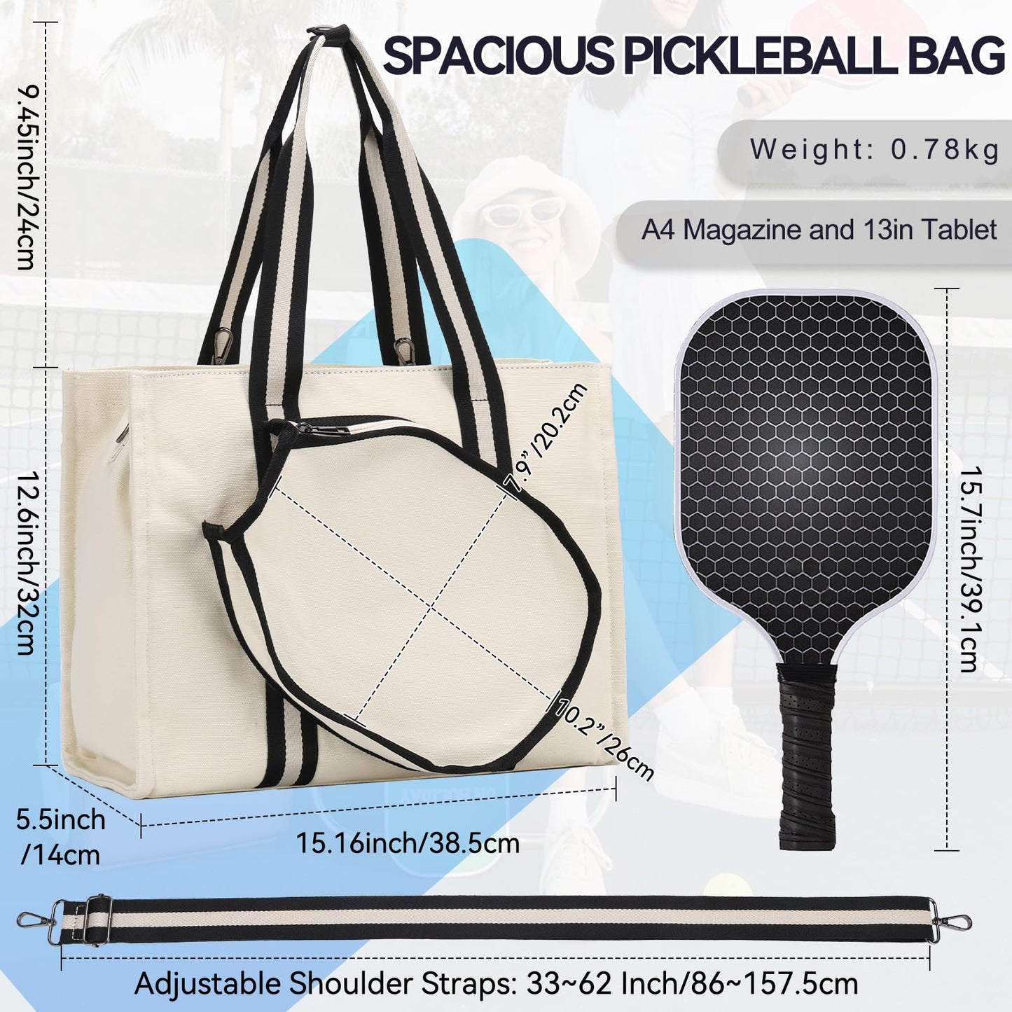 Women's Pickleball Gym Bag. Multi-Pocket Canvas Tote 15.6 Inch with Adjustable and Removable Shoulder Strap and Racket Slot