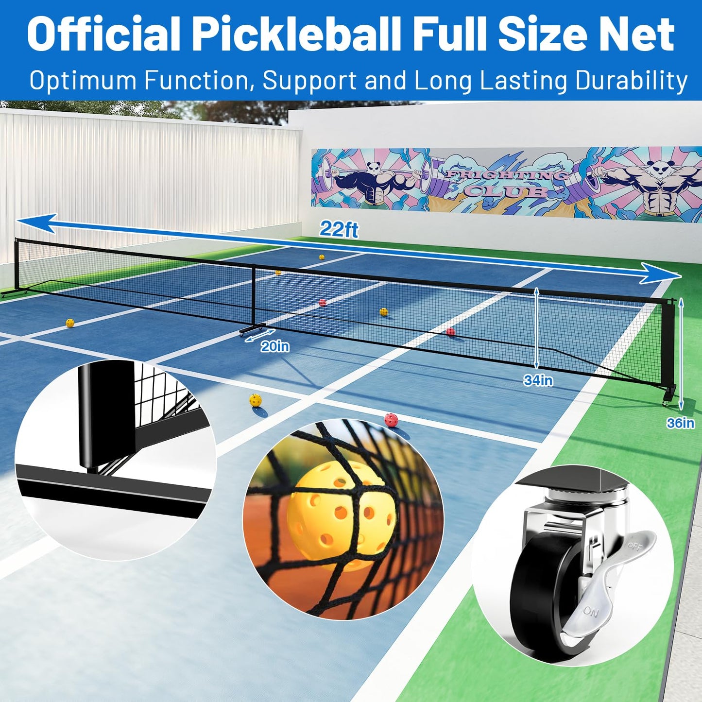 Kit complet pour pickleball - Filet de Pickleball Taille Standard 670 cm avec Marqueurs de Terrain, Set de 4 Raquettes, Tableau d'Affichage et Balles