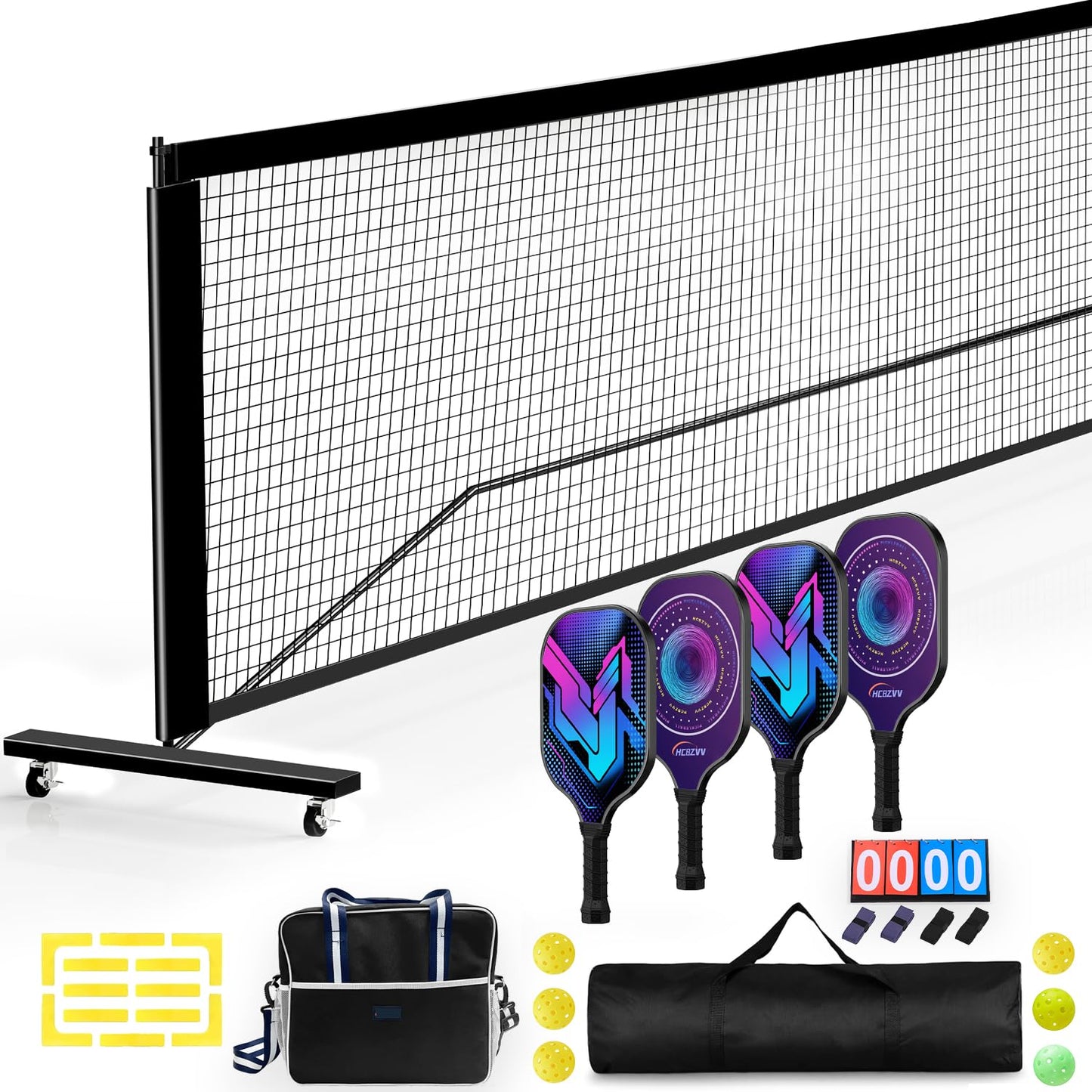 Komplettes Pickleball-Set – 264 Zoll Pickleball-Netz in Standardgröße mit Spielfeldmarkierungen, 4er-Schlägerset, Anzeigetafel und Bällen