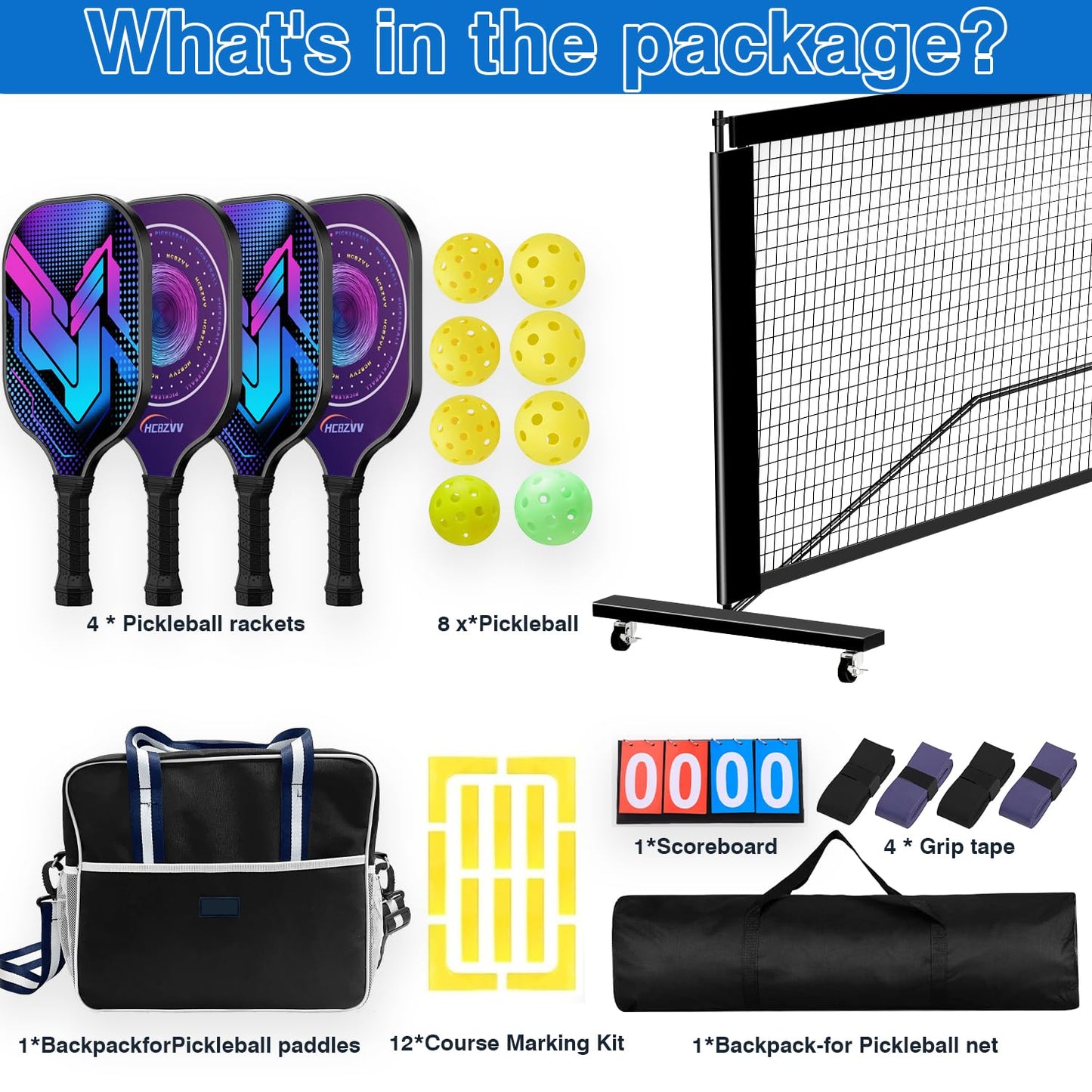 Complete Pickleball Kit - 264" Standard Size Pickleball Net with Court Markers, 4 Paddle Set, Scoreboard and Balls