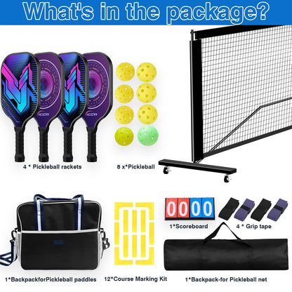 Kit complet pour pickleball - Filet de Pickleball Taille Standard 670 cm avec Marqueurs de Terrain, Set de 4 Raquettes, Tableau d'Affichage et Balles